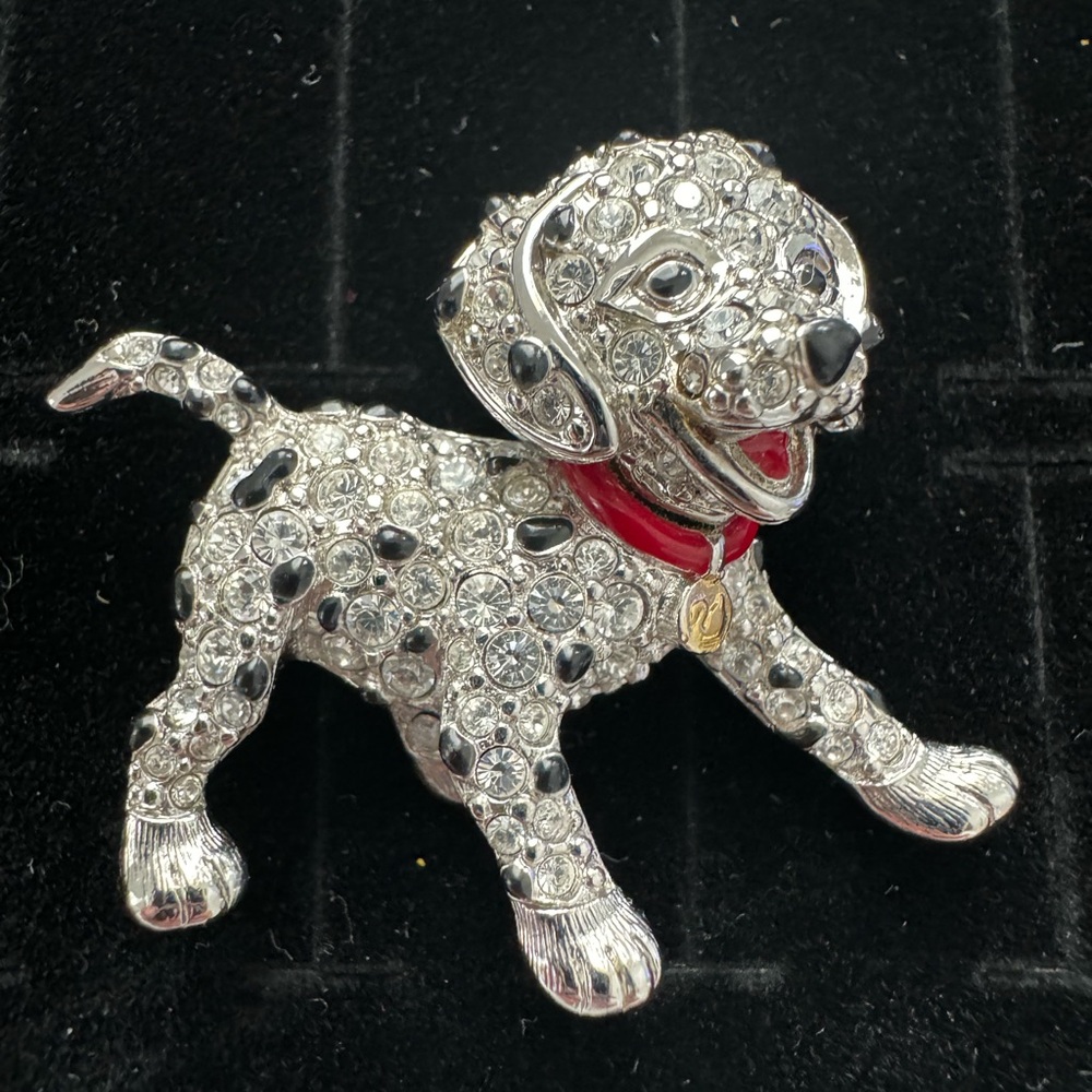 Vintage Swarovski Signed Rhodium Plated Dalmatian Dog Pin Brooch rhinestones